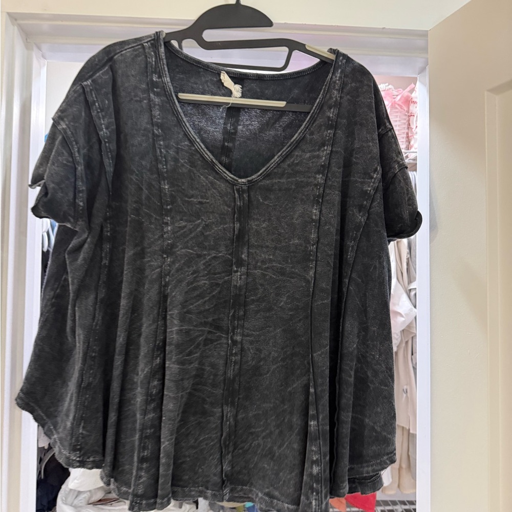 Washed Black V-Neck Short Sleeve Women's Top